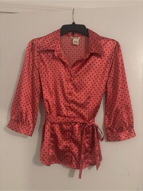 At Last Red Geometric Print Tie Waist Blouse